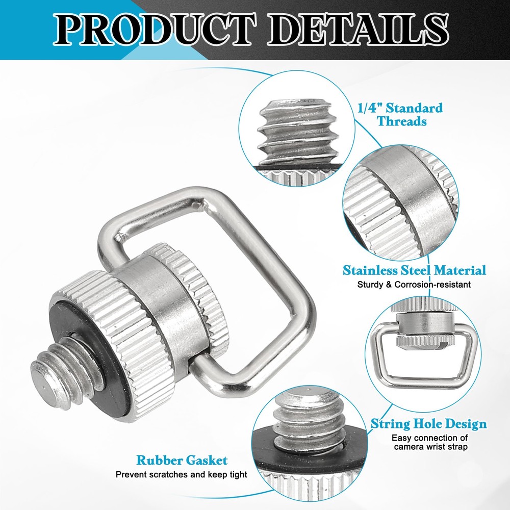 Camera Neck Strap D Ring Screw Holder 1/4", 1Pcs Metal Camera Screw, Silver
