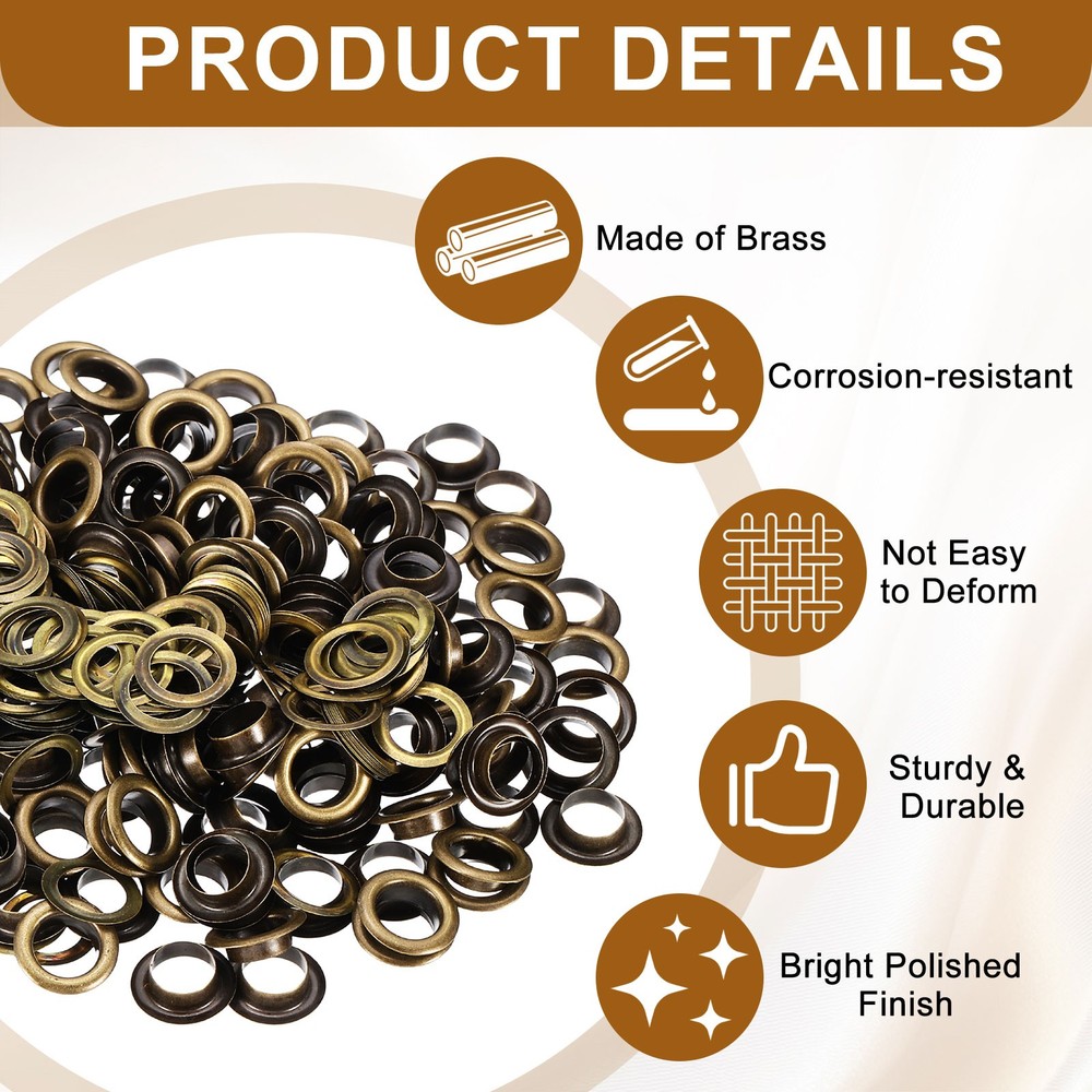 100 Sets Grommets Eyelets, 8mm Brass Self Backing Eyelets, Bronze