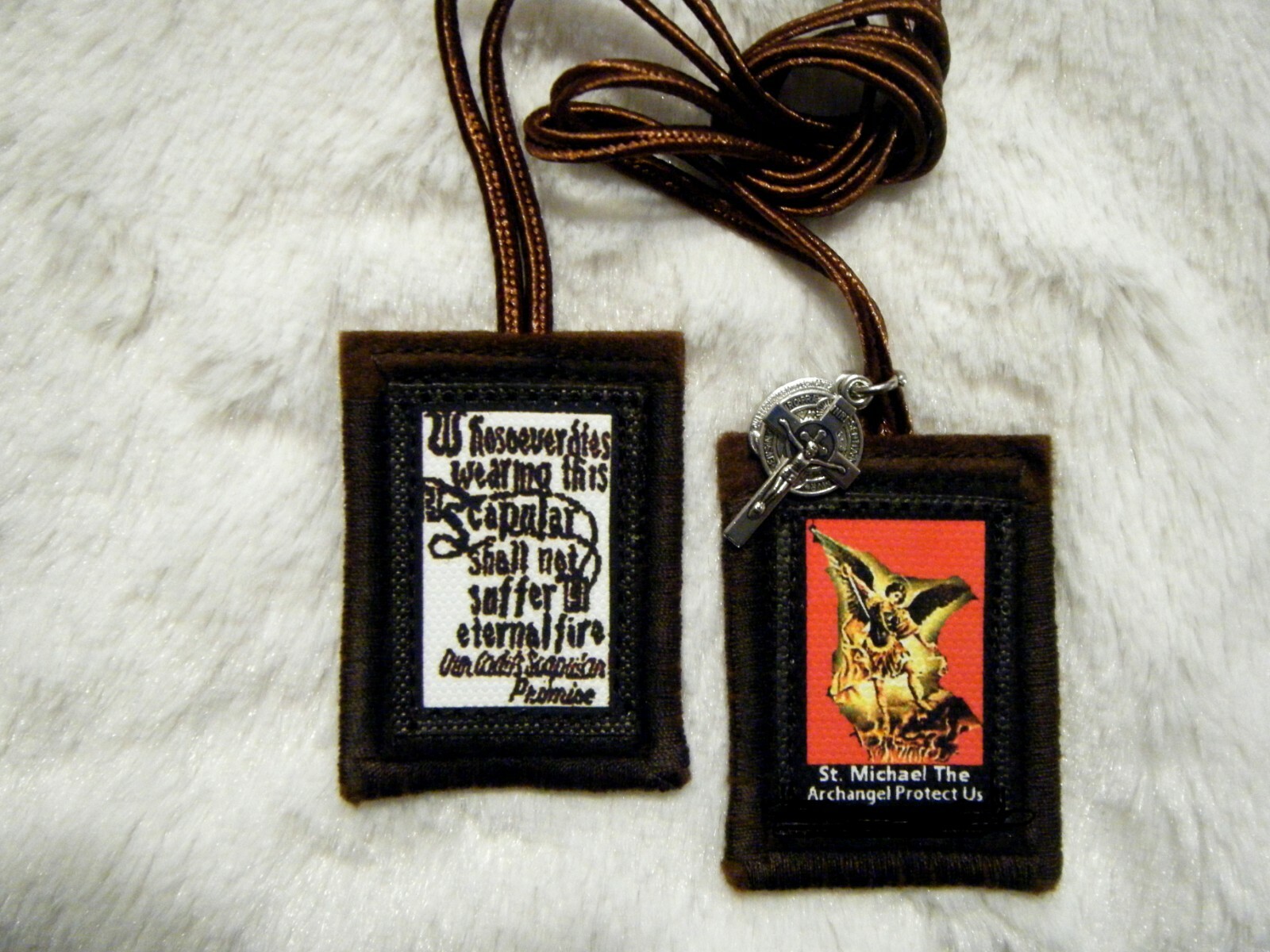 St. Michael The Archangel and Scapular Promise Brown Scapular 100%Wool Handmade