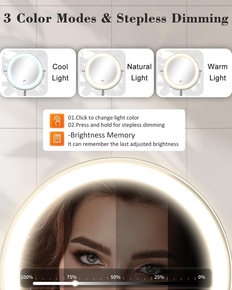 9'' 30X/1X Wall Mounted Lighted Makeup Mirror, Height Adjustable Double Sided...