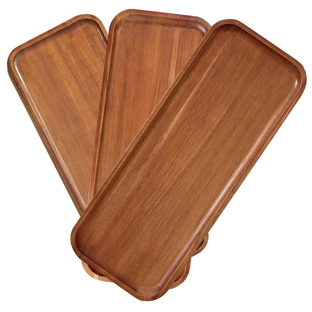 Solid Acacia Wood Serving Tray - 3 Pack, 14 x 5.5 Rectangular Wooden Serving Pla