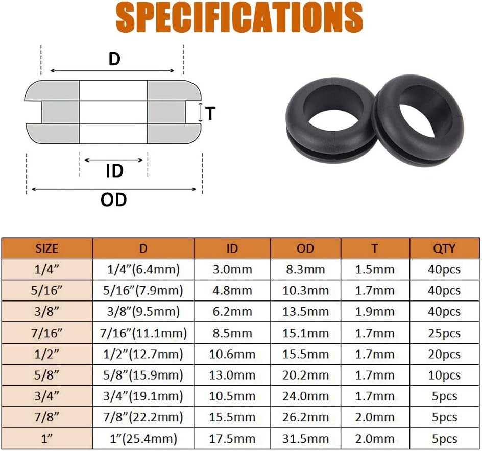 ISPINNER 190pcs Rubber Grommet Assortment Kit, 9 Sizes Eyelet Ring Black