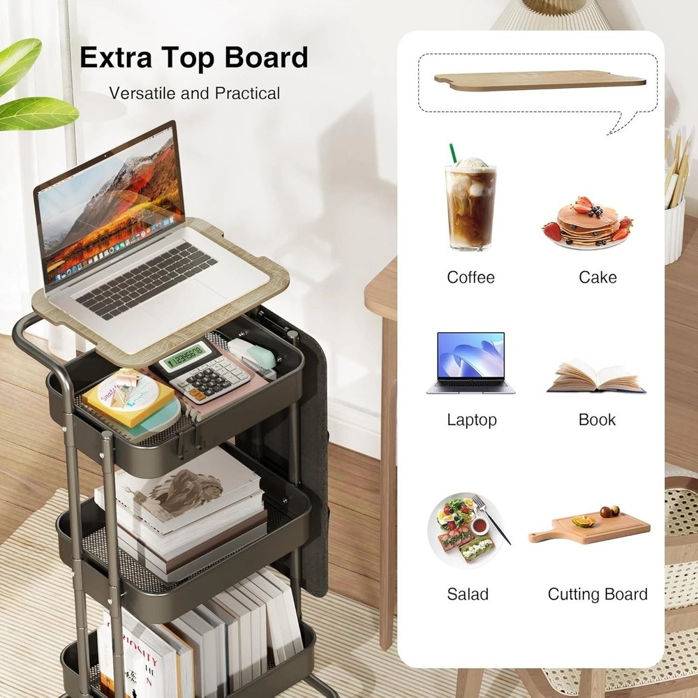 Durable Utility Rolling Cart - 3 Tier with Table Top, Hooks & Side Storage Bags