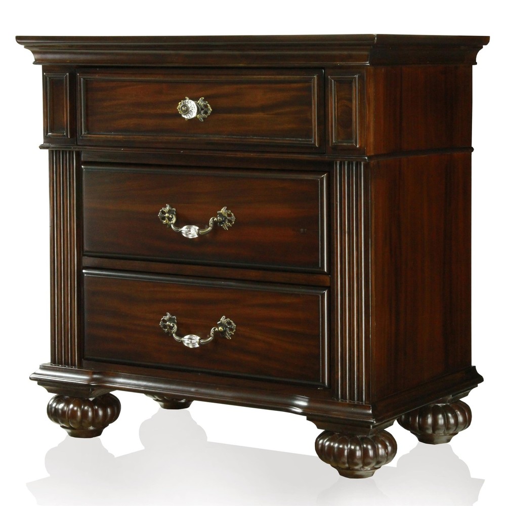 FOA Damos 3pc Dark Walnut Solid Wood Bedroom Set - King + Nightstand + Chest