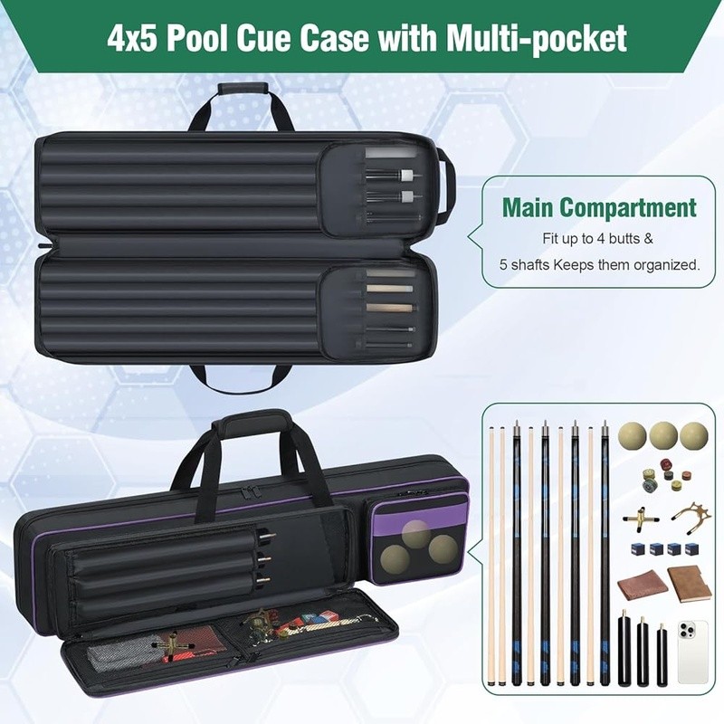 4x5 Pool Cue Case Soft Padded Billiard Bag Durable Multi-pocket Protection New