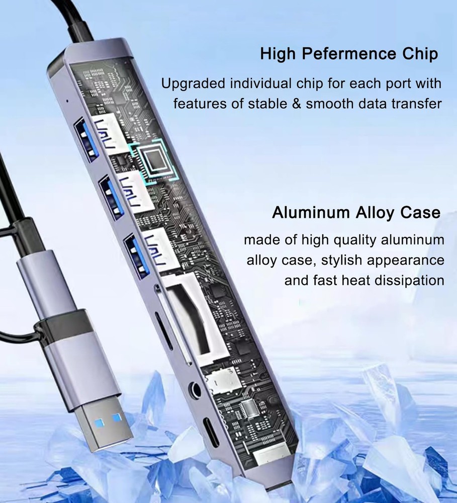 Multi Memory Card Reader 8 in 1 USB Splitter TF/SD Adapter USB C USB Hub 3.0