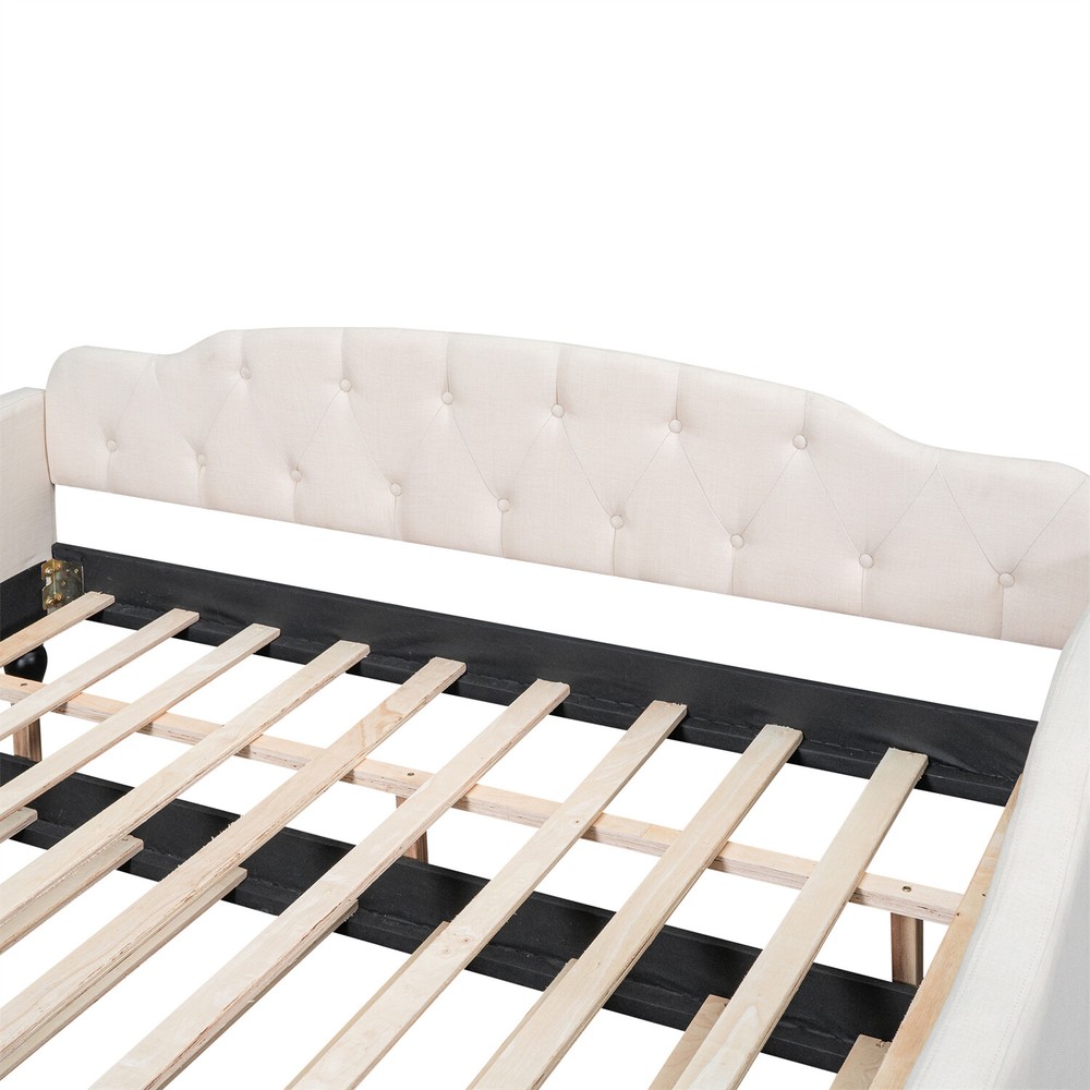 Full Size Daybed with Pull Out Trundle Bed Upholstered Bed Frame Sofa Bed Beige