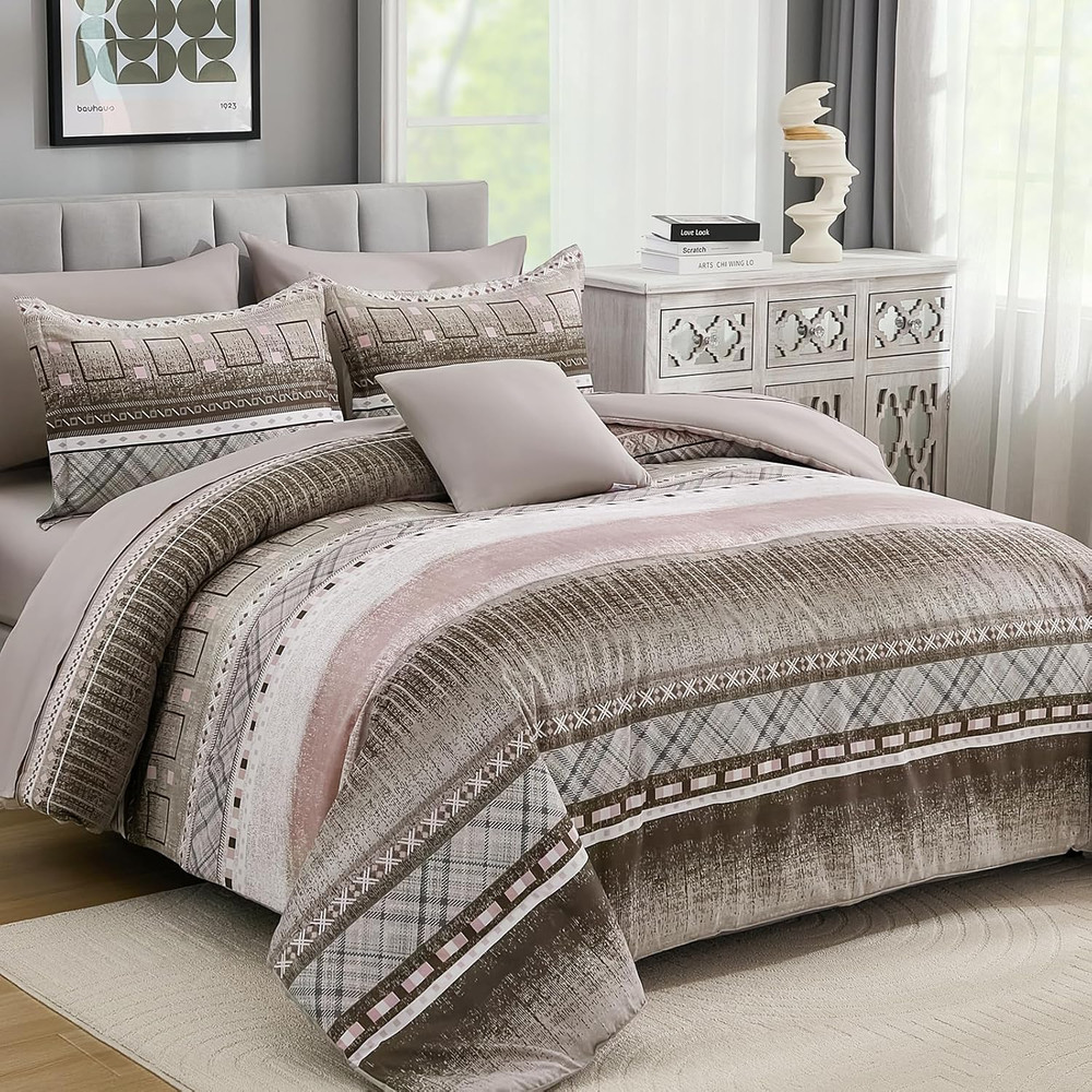 Queen Size Comforter Set 8 Piece, Texture Striped Bed in a Bag Brown Comforter a