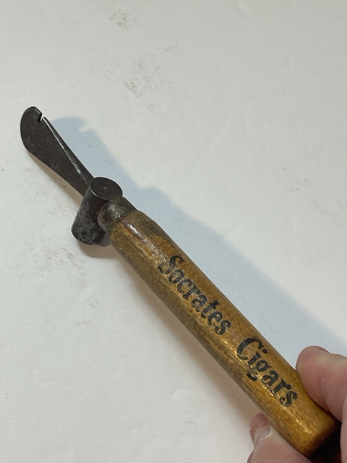 Antique Wood Handle Cigar Box Opener Hammer Tool Advertising SOCRATES CIGARS