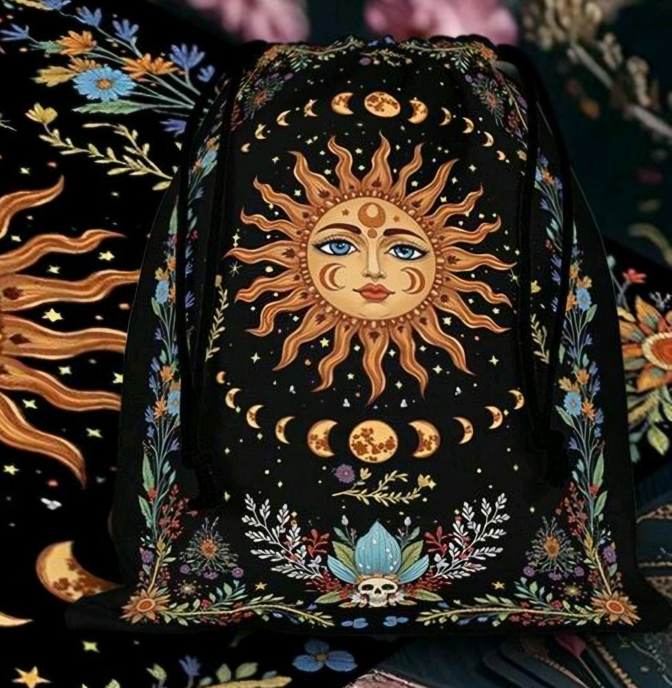 Golden Sun & Moon Phases Tarot Deck Drawstring Storage Bag Approx 6.9"L x 5.5"W