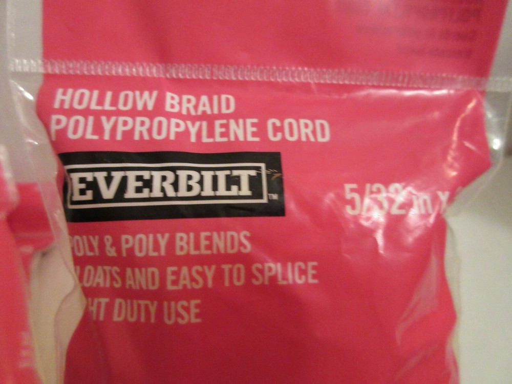 Everbilt Hollow Braid Polypropylene Cord / Rope 30lb Work Load 5/32"x45ft Floats