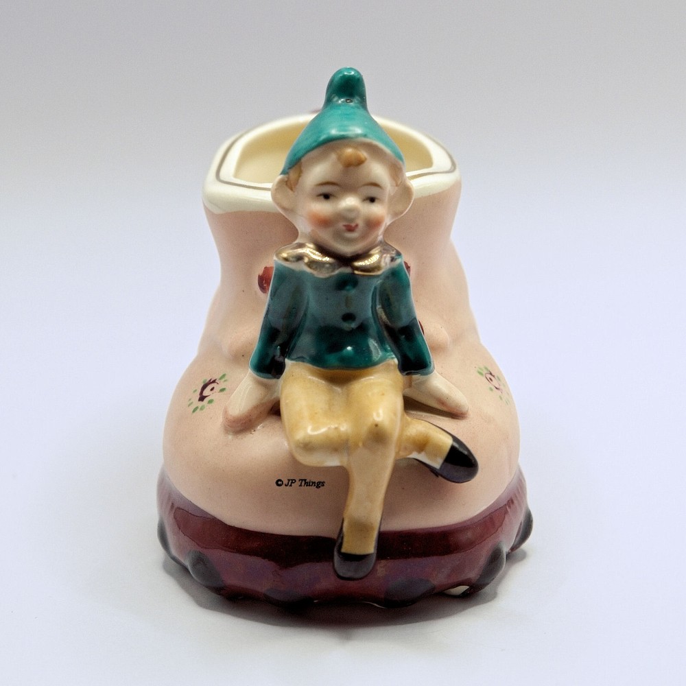 Whimsical Green Pixie Elf Figural Shoe Boot Ceramic Planter 1960s Kitsch Japan