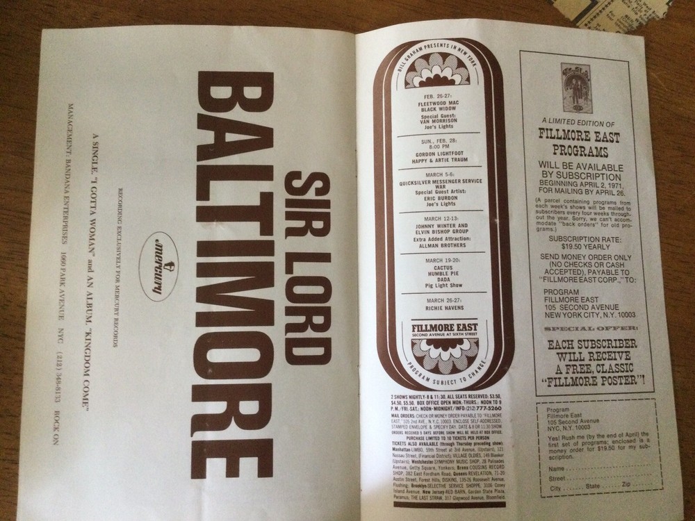 Fillmore East 1971 Program Final Shows B.B. KING Moby Grape JOHNNY WINTER
