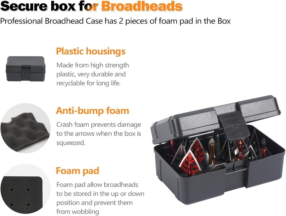 Broadhead Archery Box Storage Case 2 padding protection 18 slots black & small
