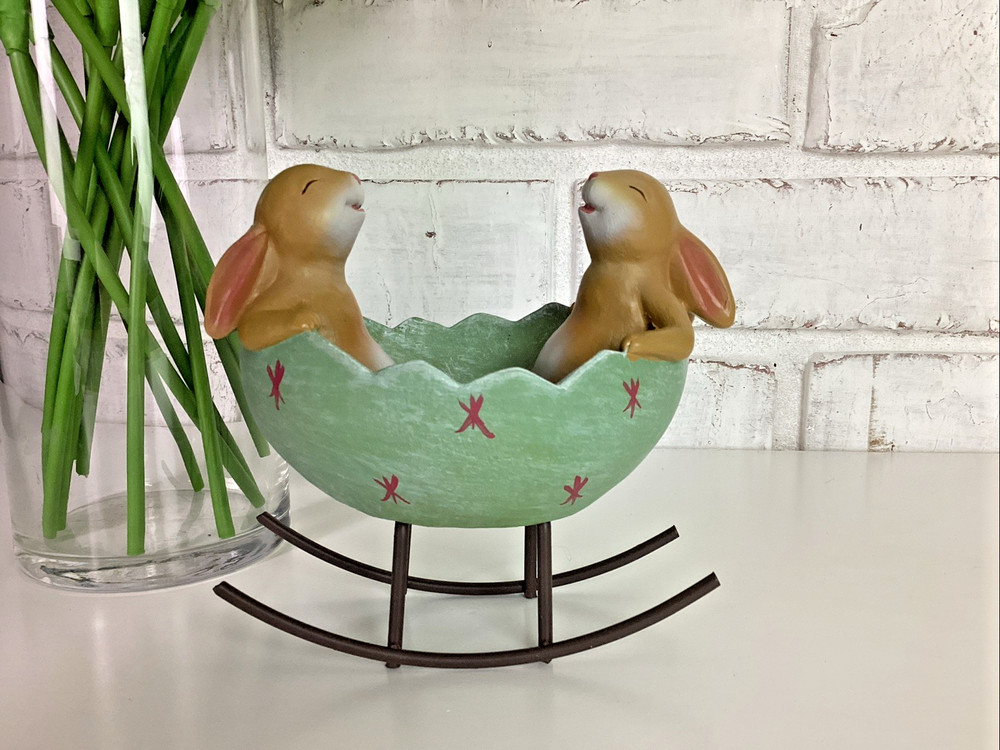 Bunny Rabbits in Rocking Easter Egg Cradle Decoration