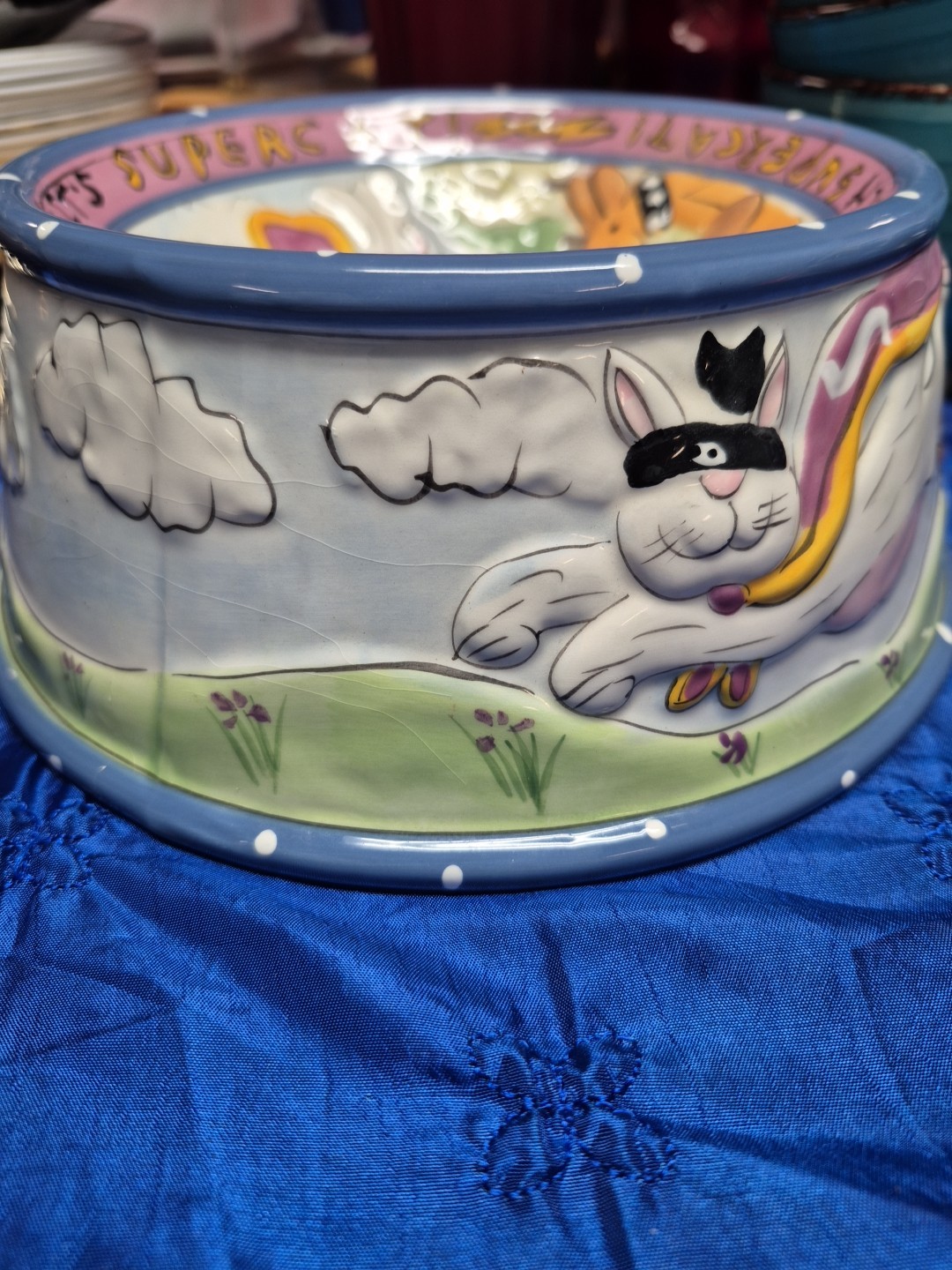 Blue Sky Cat Bowl “Super Cat” 6.5” Ceramic Hand Painted Dogz Can't Ever Catch SC