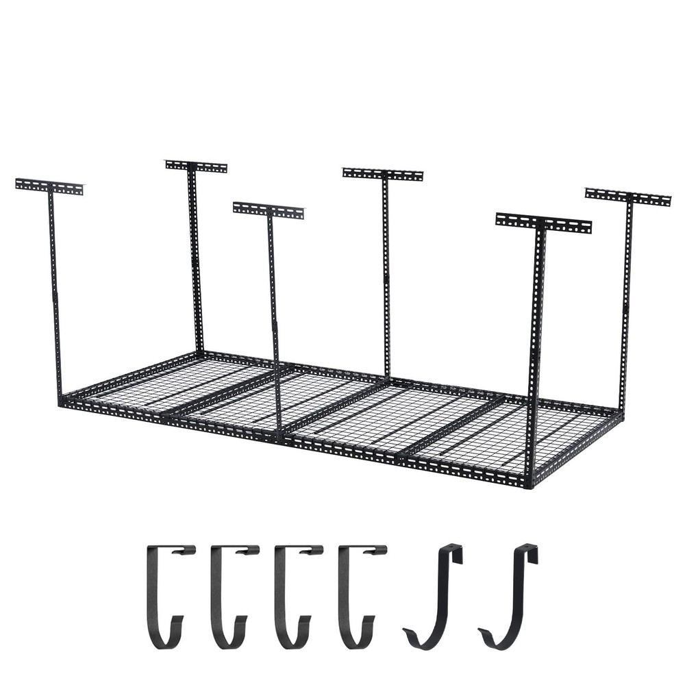 4X8FT Overhead Garage Storage Rack Ceiling Mounted Shelving w/6Vertical Posts