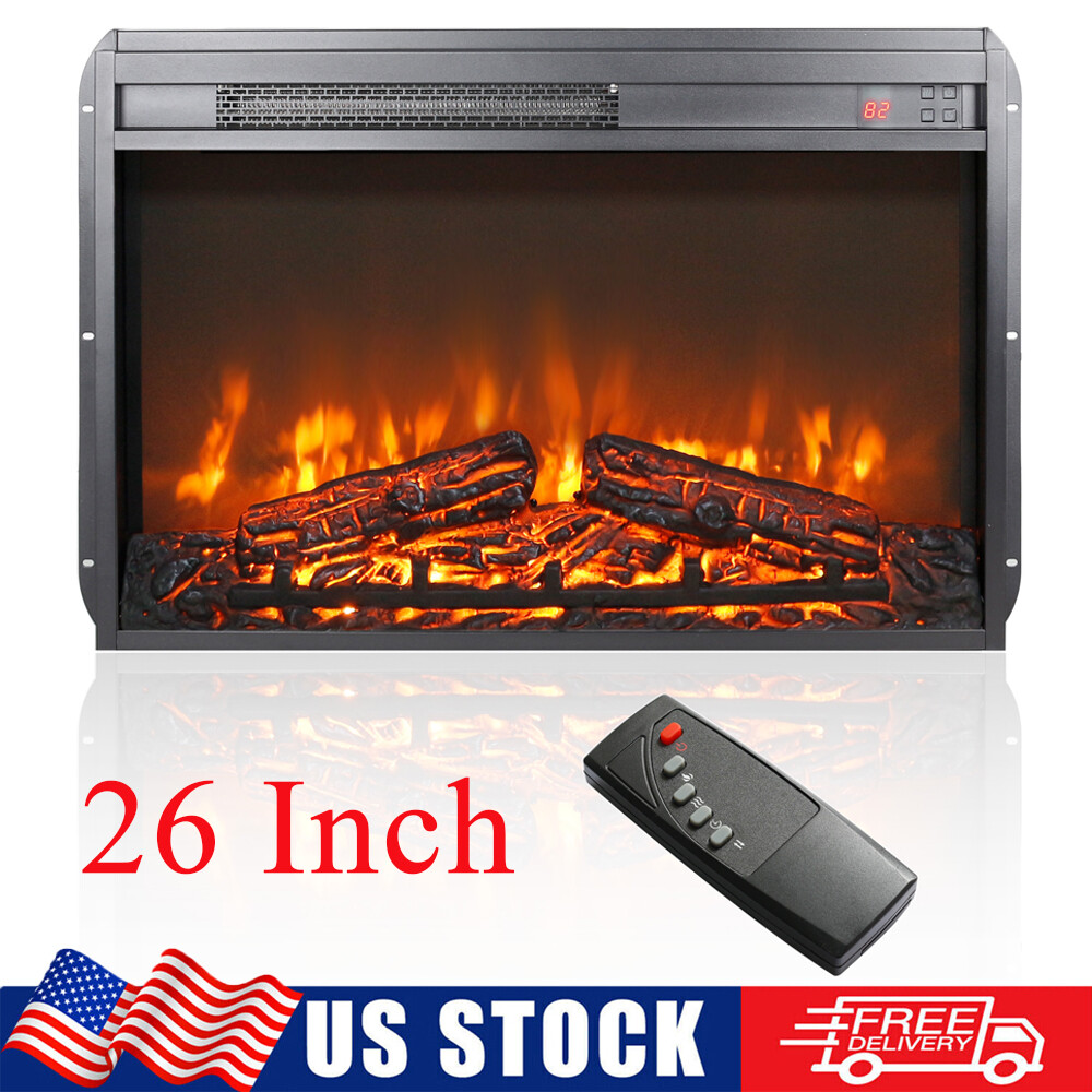 Electric 26" Fireplace Insert Heater Log Flame Effect Timer with Remote Control