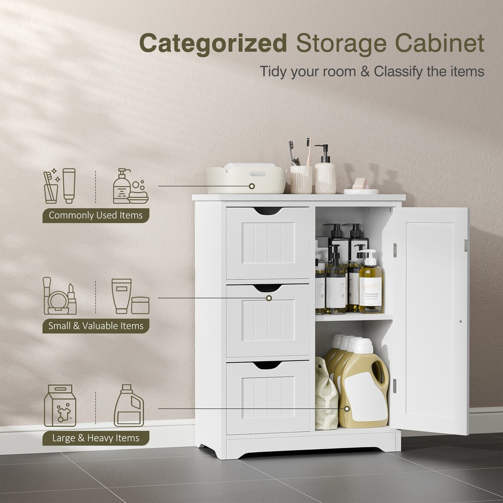 Bathroom Storage Floor Cabinet Organizer with Adjustable Shelf & Drawer White