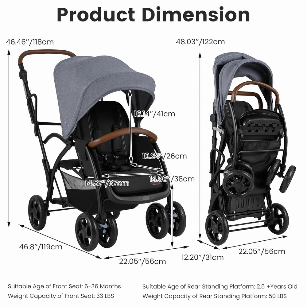 Versatile Sit and Stand Double Stroller with Reclining Backrest & Storage Basket