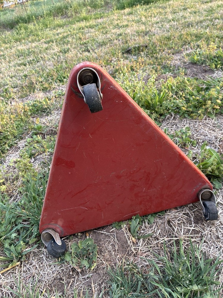 Vintage Red Triangular Mechanic Industrial Rolling Metal Stool on Wheels