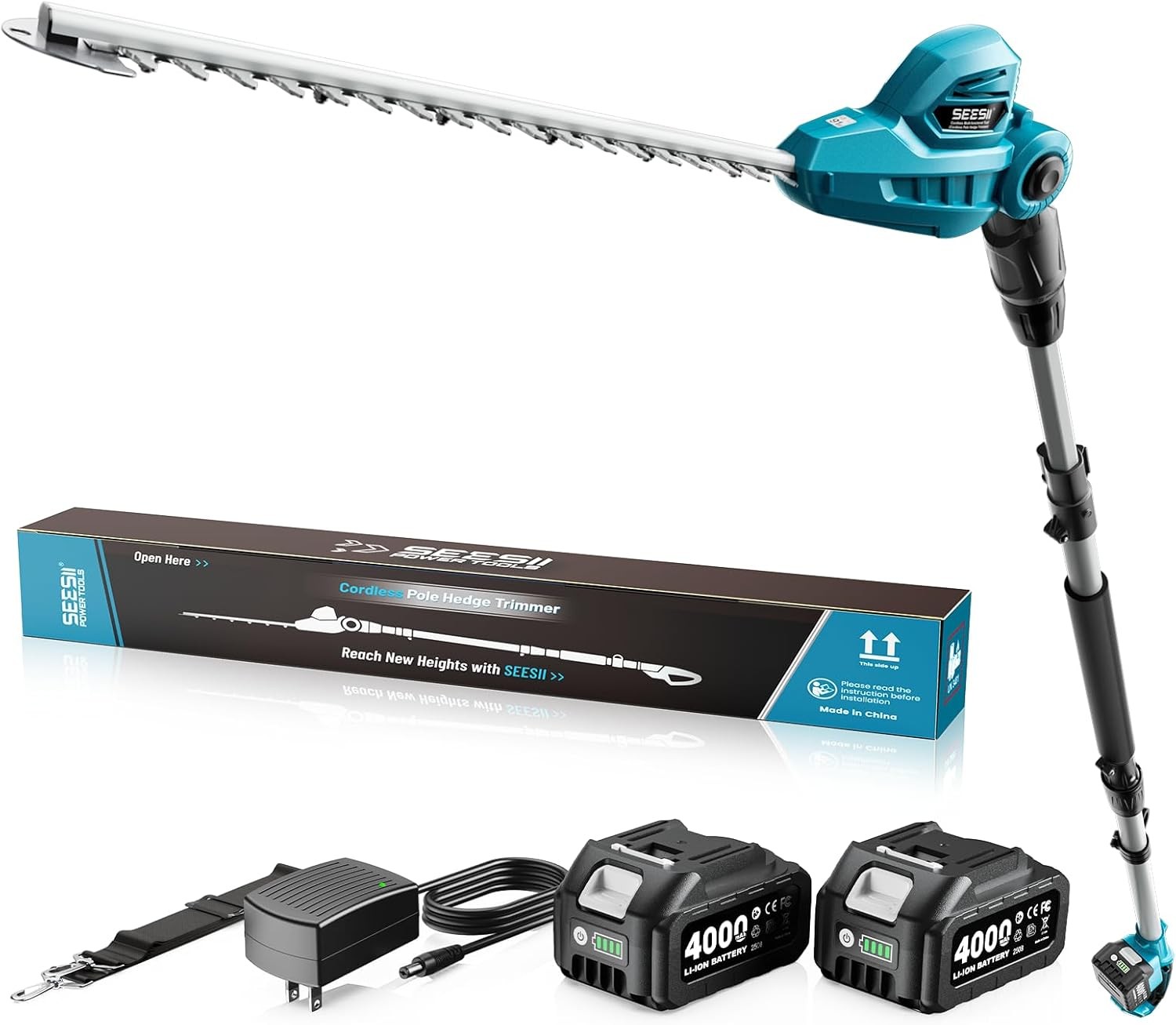 SEESII Pole Hedge Trimmer Cordless 20" Dual-Action Blade 8Ft Telescopic Pole