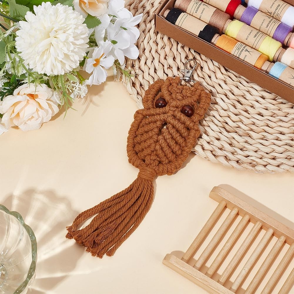 ACRNIGHEET 6PCS Owl Macrame Keychain Kit for Adults Beginners Boho Beige