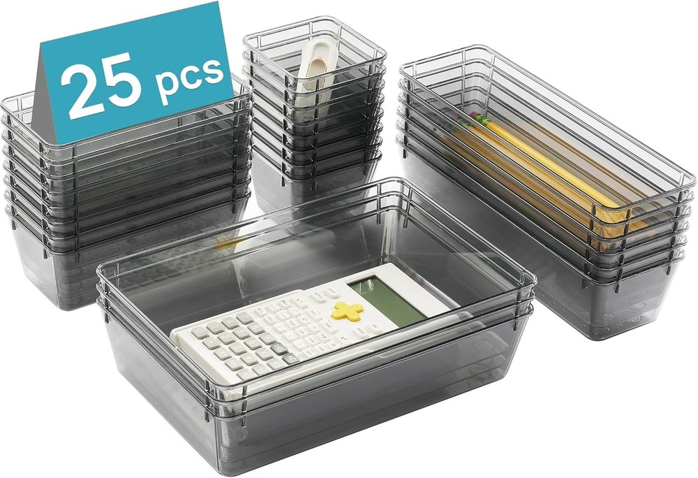 Clear Plastic Drawer Organizer Set 25 PCS 4-Size Versatile Bathroom & Vanity