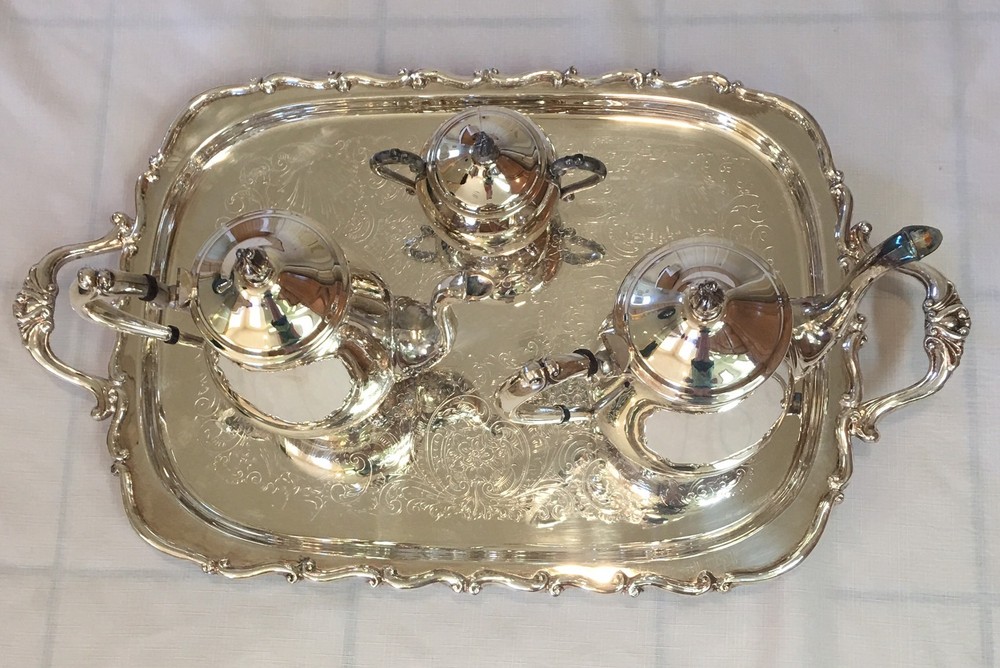 FB Rogers Silver Plate Co 4 Piece Coffee & Tea Set with Sugar & Large 25" Tray