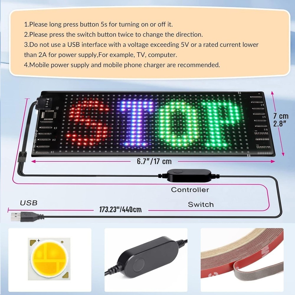 "RAYHOME 7""x3"" LED Car Sign Flexible Bluetooth USB Programmable Scrolling D...