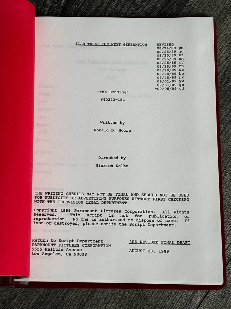 STAR TREK Script The Next Generation The Bonding Revised Final Draft Aug 23 1989