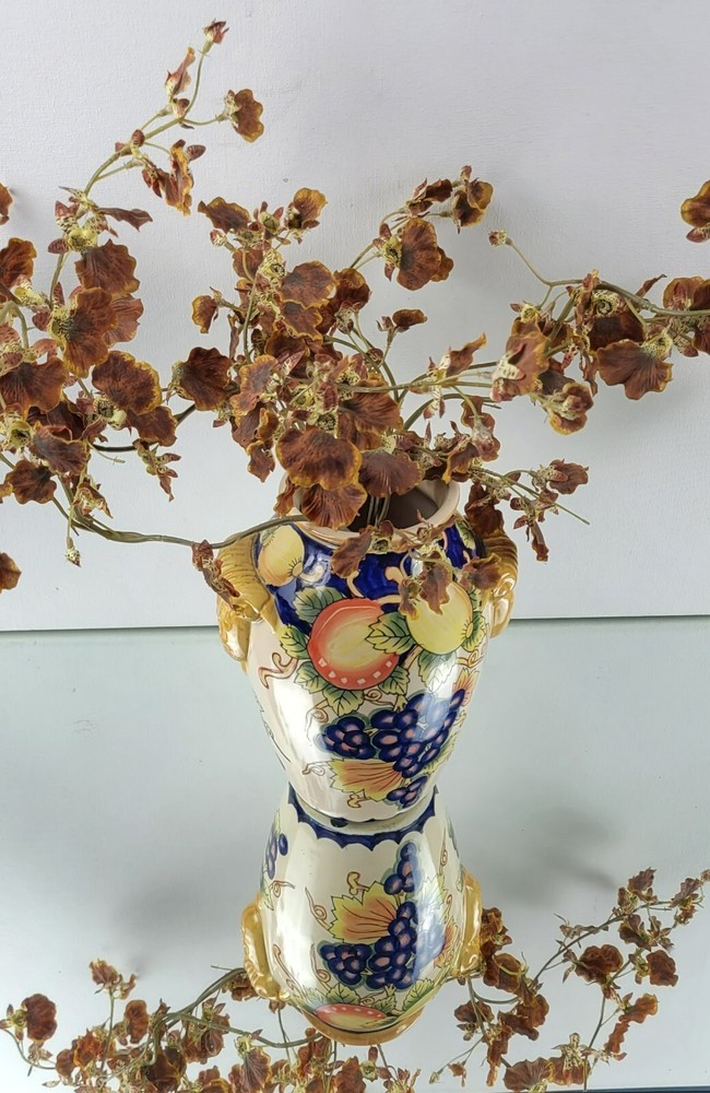 Decorative Vase - Hand-painted Fruit Pattern, Sculpted Handles