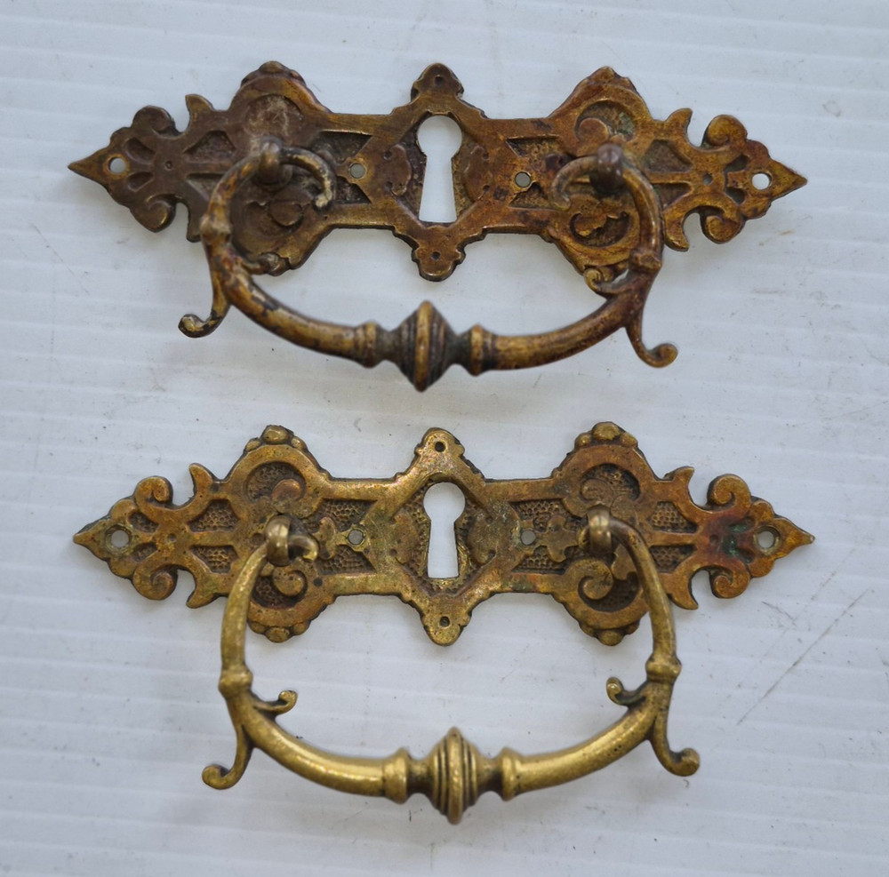 Pair Solid Cast Brass Antique Drawer Pulls Bail Handle Ornate Aesthetic Movement