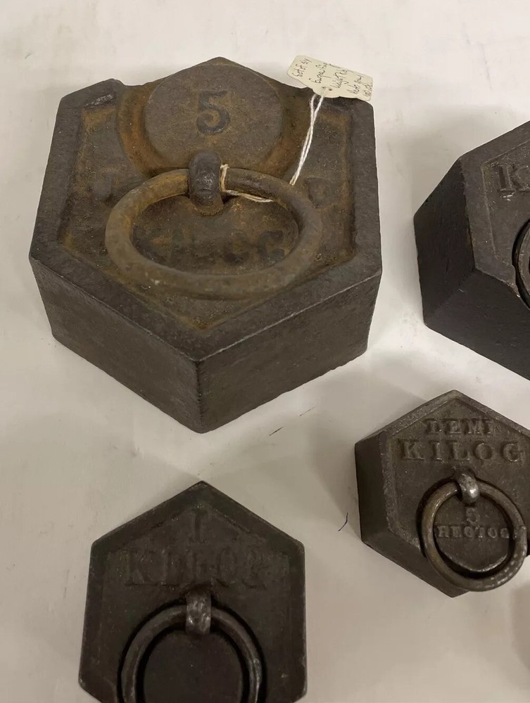 Antique KILOGRAM IRON RING WEIGHTS 6 Hexagonal For Scale