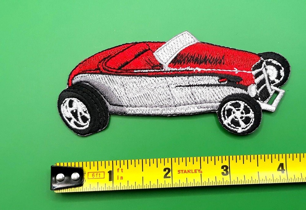 Red Convertible Roadster Iron On Embroidered Patch 4 1/8"x 2"