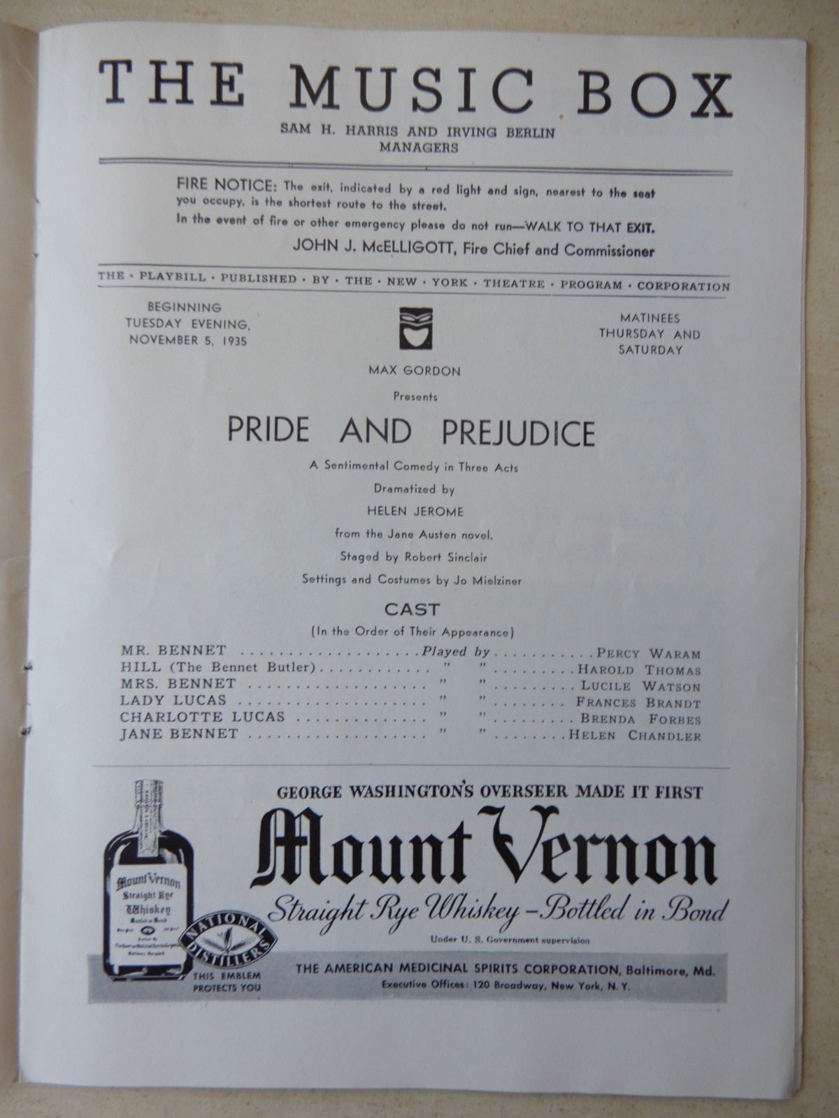 November 5th, 1935 - Music Box Theatre Playbill - Pride And Prejudice - Waram
