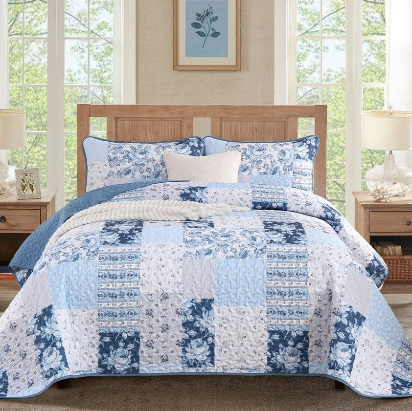 Blue Patchwork Quilt Set King Size Boho Floral Plaid Bedspread Coverlet Set, Far