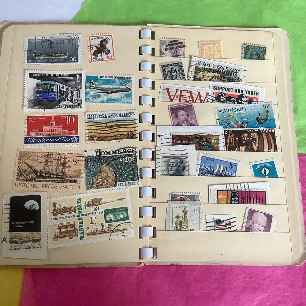 Vintage 2 Stamp Collector’s Stock Books WITH Approx.100+ Per- 1960’s 70’s 80’s