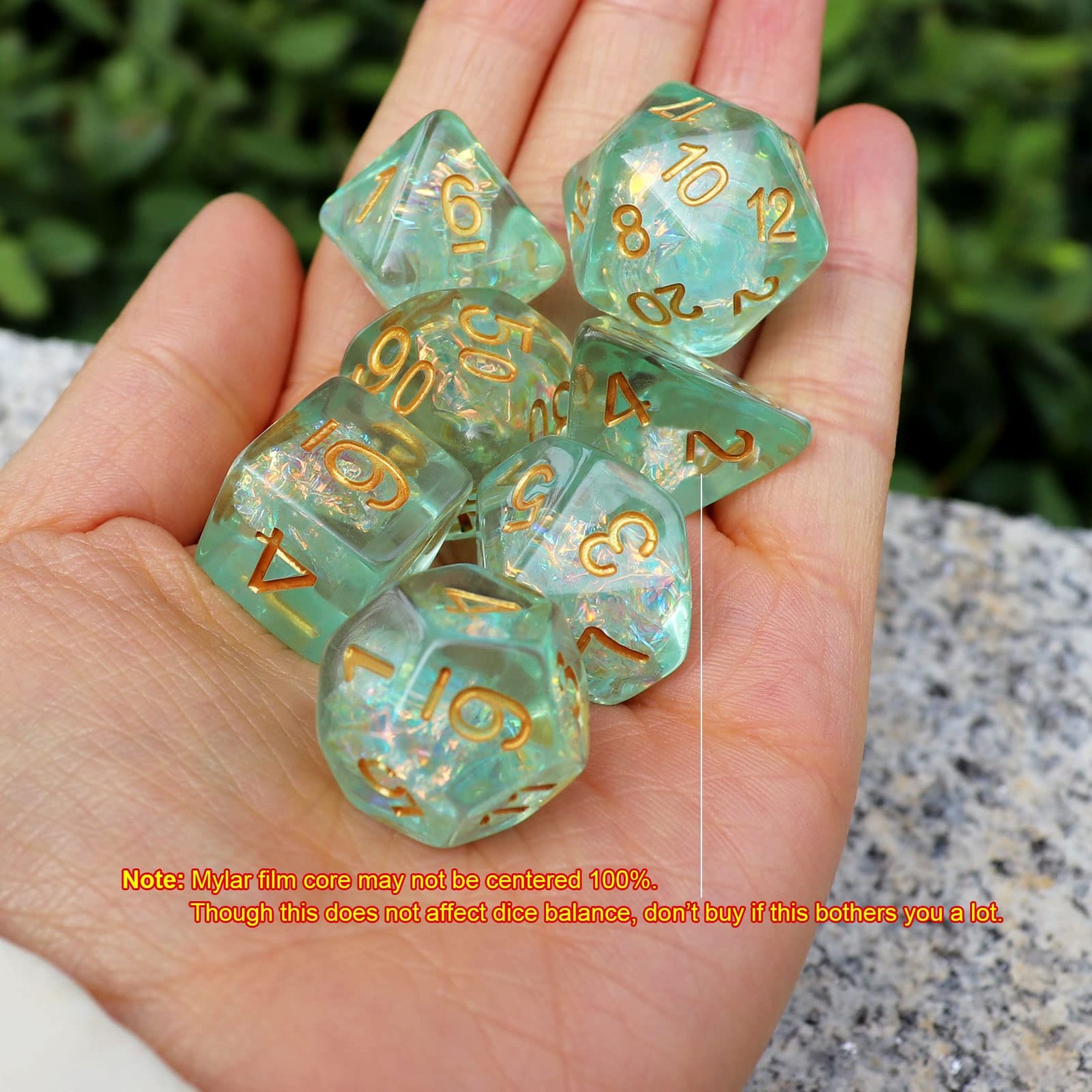 Haxtec Light Green DND Dice Set 7PCS Filled Resin Polyhedral DD Dice W/Irides...