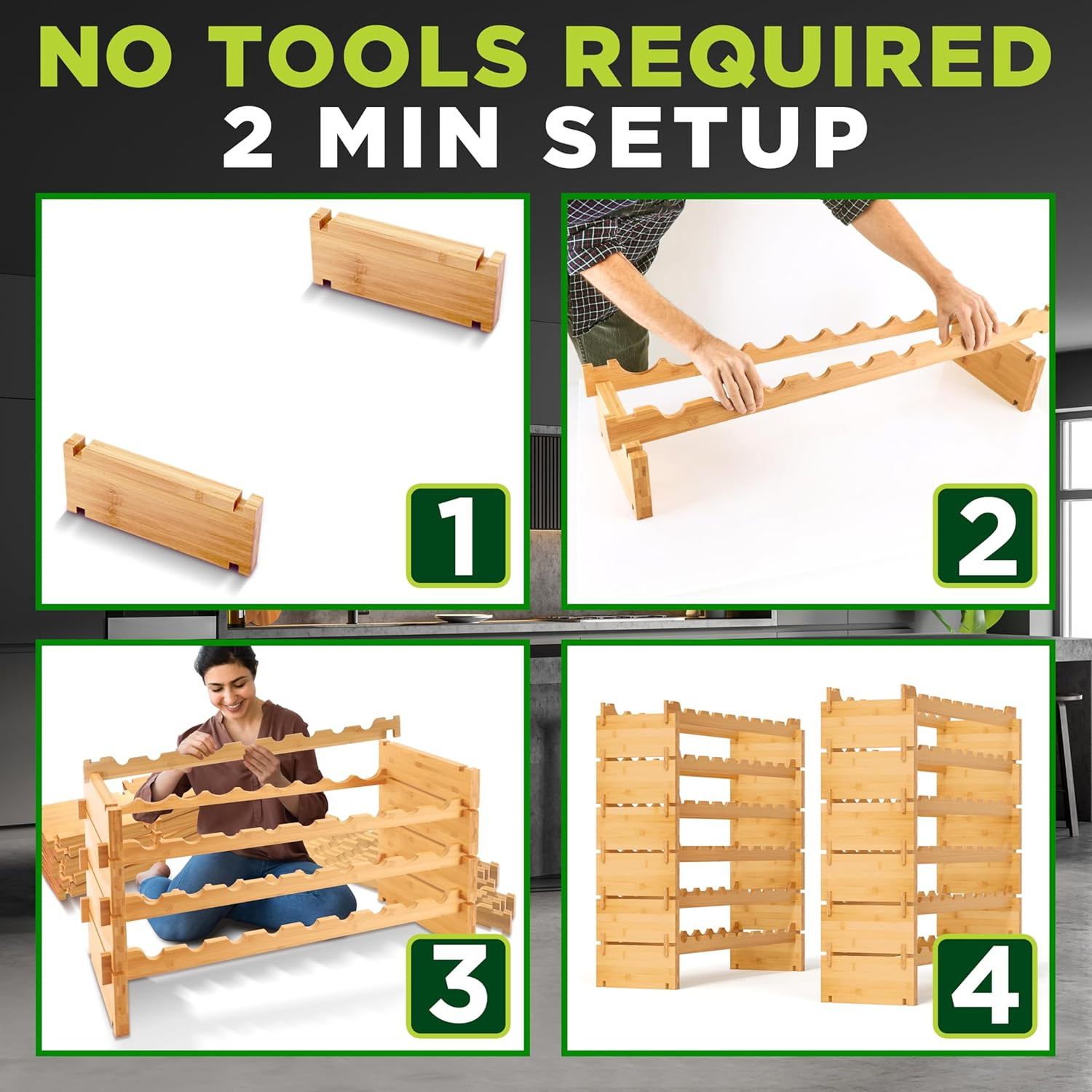 108 Bottle Wine Rack Stackable Bamboo Freestanding, 12 Tier Modular Shelf, Sturd