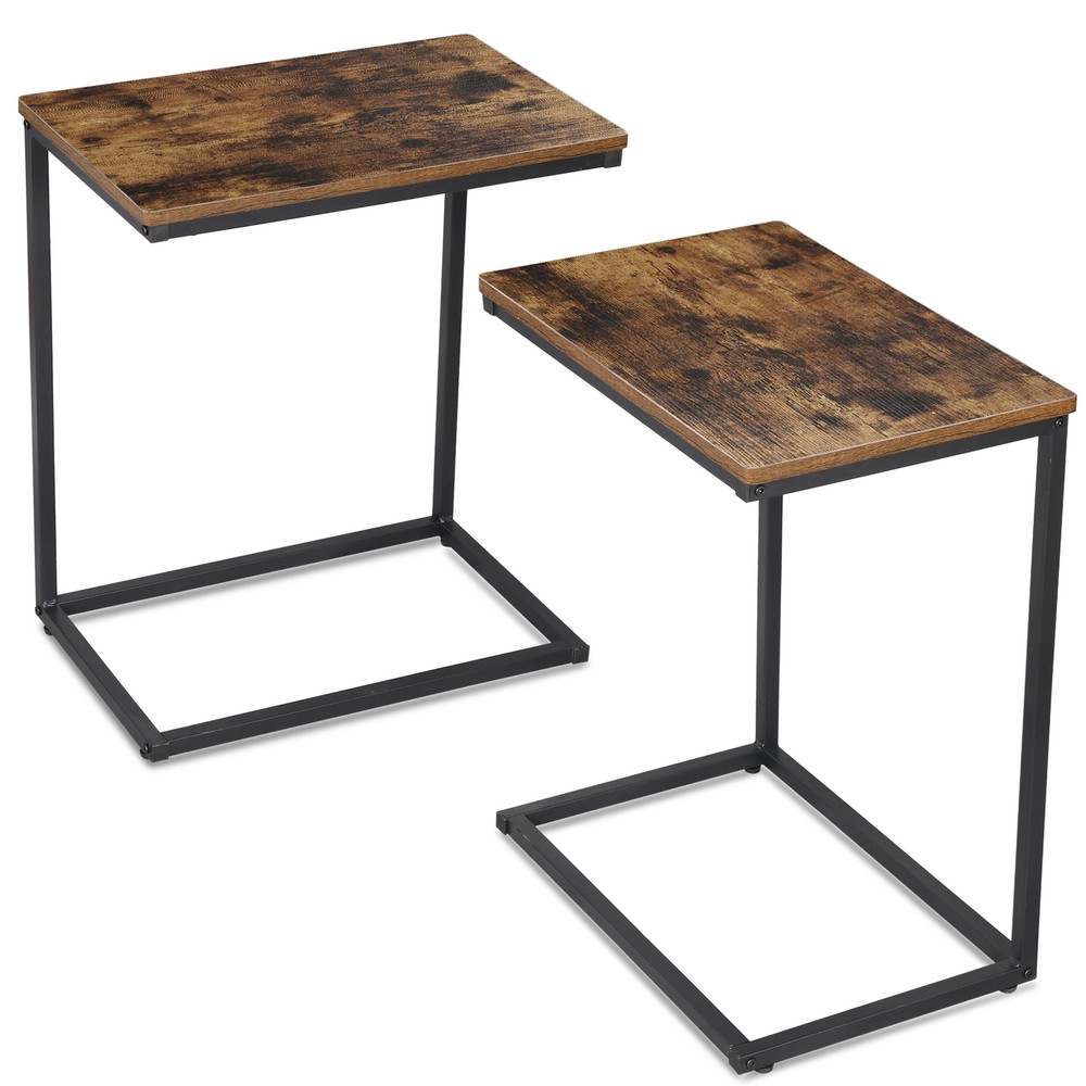 2X C Shaped End Table Living Room Side Table for Couch Slide Under Rustic Brown