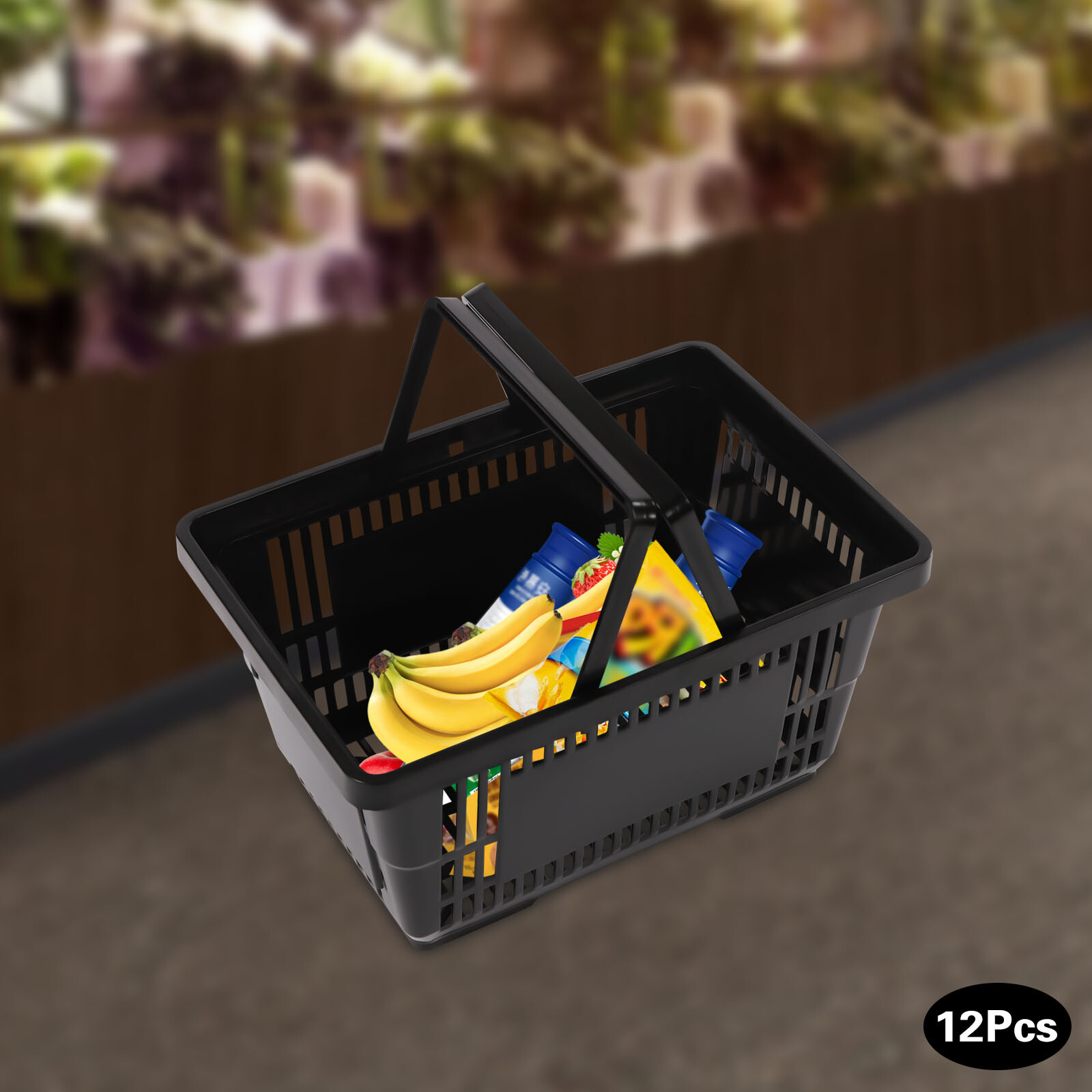 12 PCS Black Plastic Shopping Basket for Market Grocery Retail Store + Handles