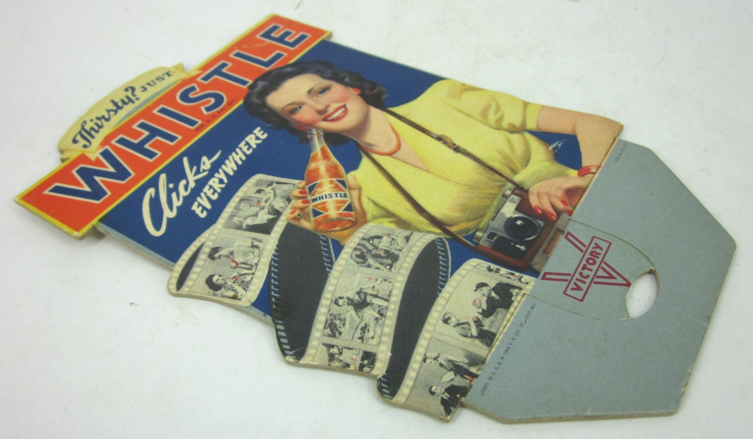 1942 WWII Whistle Soda Pop Bottle Topper Advertising Die Cut