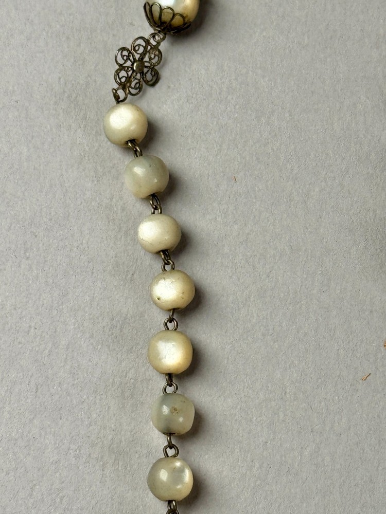 Antique MOP Balamuti Bead Rosary Filigree Silver Cross Crucifix Pendant Necklace