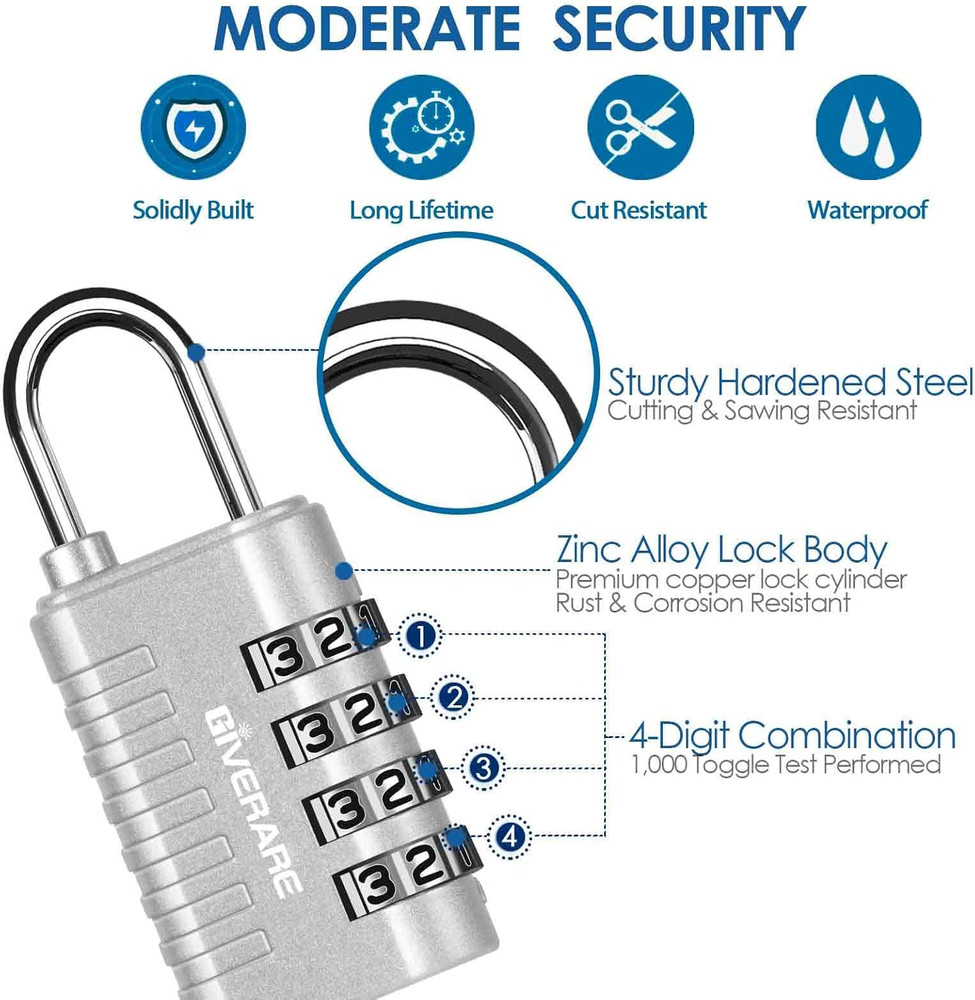 4-Pack 4-Digit Combination Padlocks Keyless Resettable Weatherproof Black/Silver