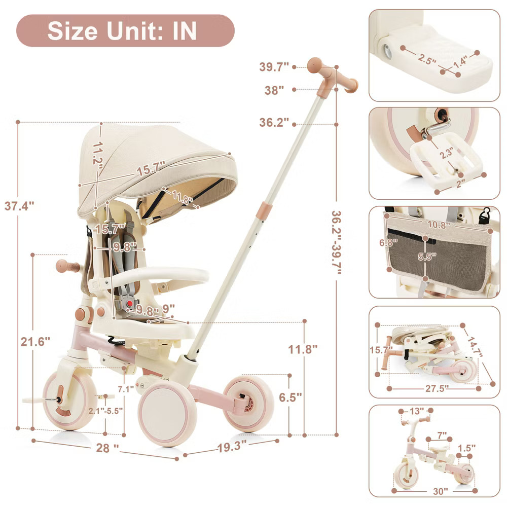 7-in-1 Foldable Toddler Tricycle with Adjustable Parent Handle, Removable Pedal,