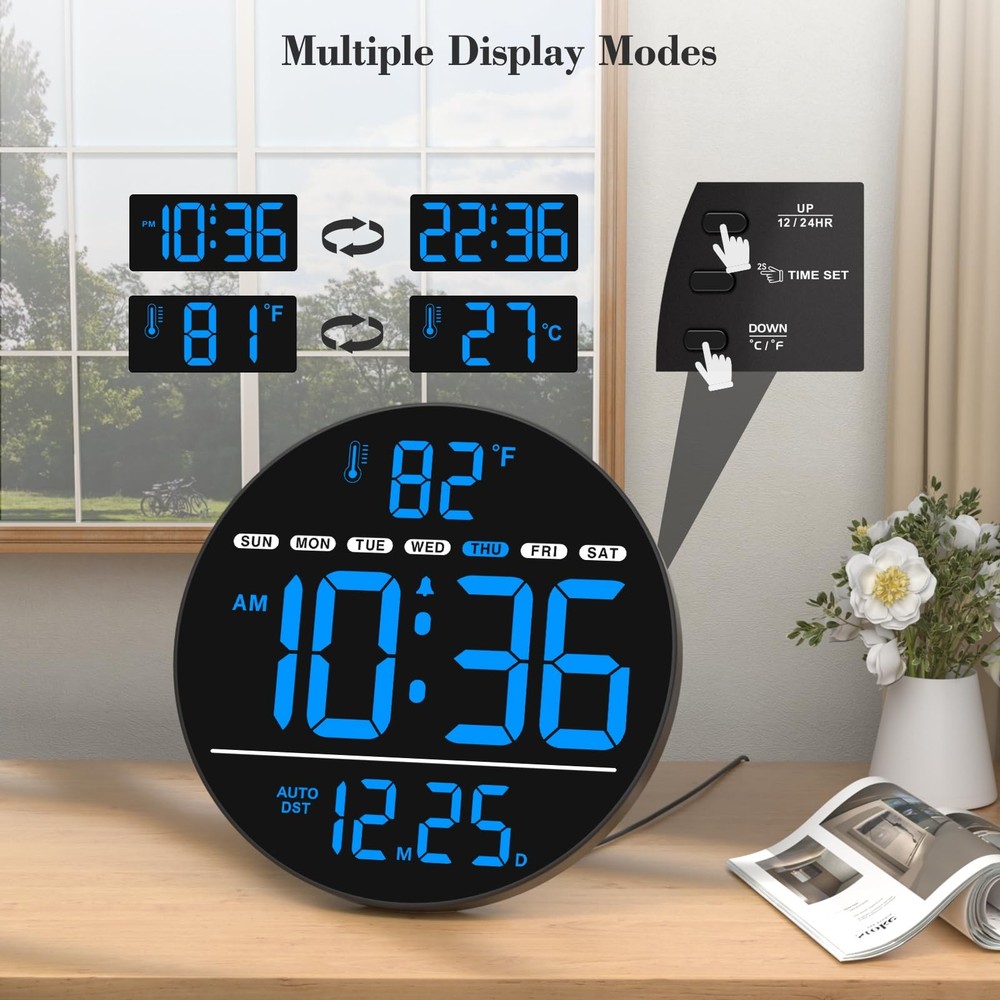 Large Digital Wall Clock with LED Display, Electric Wall Clock with Temperatu...