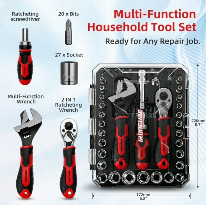 IRONCUBE 53-Piece Compact Socket Tool Set with Ratcheting Screwdriver & Adjustab