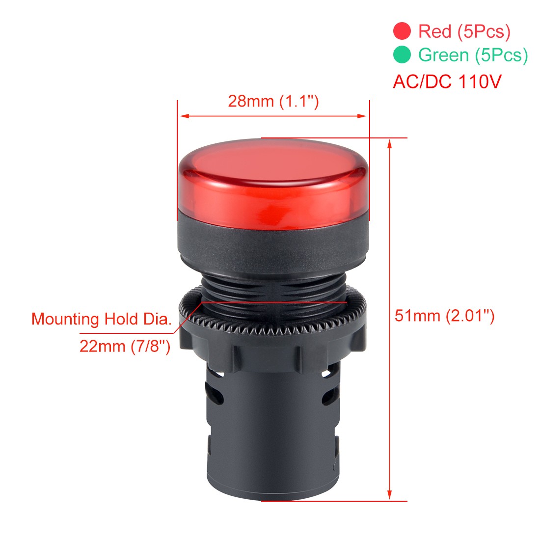 10sets AC/DC 110V Indicator Lights Red Green LED Flush Panel Mount 7/8" 22mm