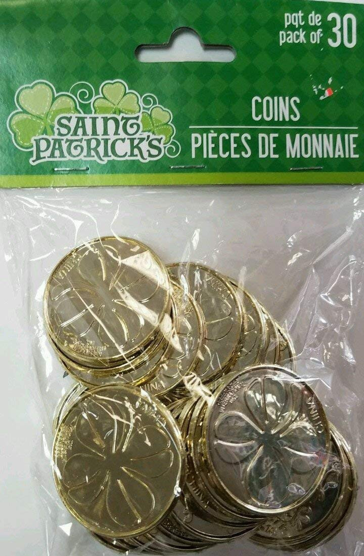 ST Patricks Day Shamrock Gold Coins 30 COUNT IN A PACK Plastic Shiny